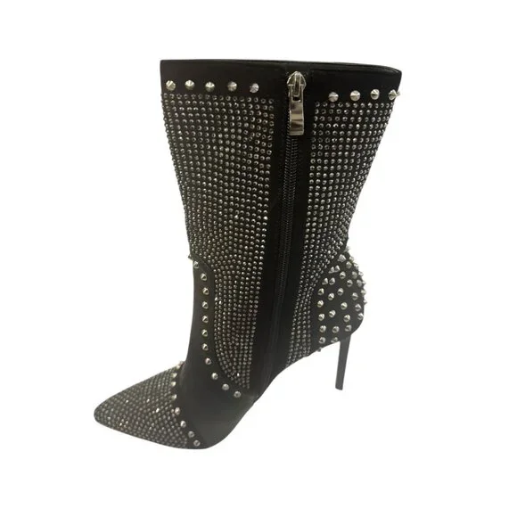 Azalea Wang Studded Stiletto Ankle Boots Black Rhinestone Pointed Toe High Heel - Picture 2 of 5
